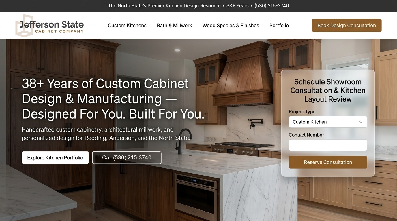 New Jefferson State Cabinet Company homepage with a custom kitchen hero, consultation form and tap-to-call button